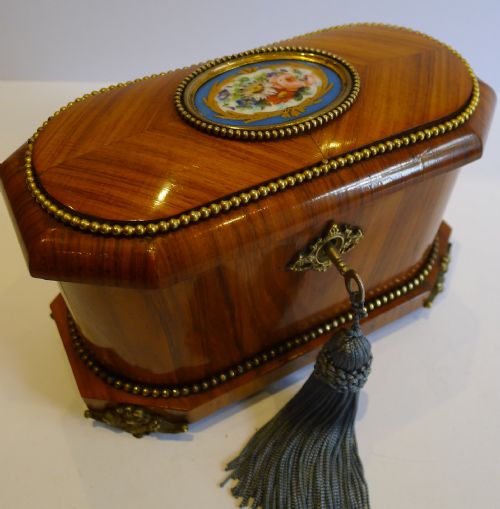 Rare Antique French Tulipwood Tea Caddy with Sevres Plaque & Burr Holly Interior C.1850