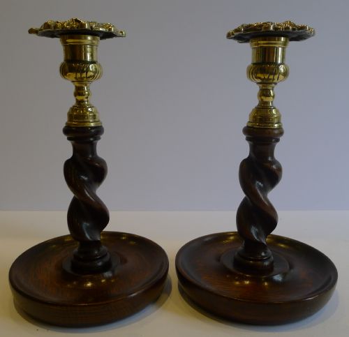 Handsome Pair Solid Oak Barley Twist Candlesticks - Decorative Brass Tops C.1900