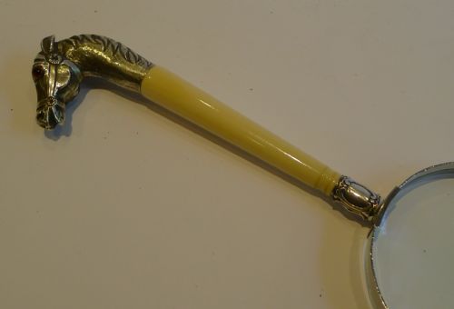 Antique English Figural Magnifying Glass - Ivory & Sterling Horse with Glass Eyes - 1908