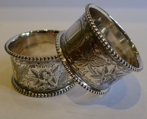 Fabulous Pair Antique English Sterling Silver Napkin Rings - 1884