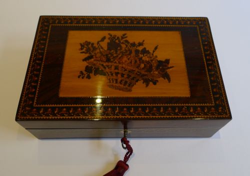 fig 1. Fabulous Antique English Tunbridge Ware Box - Basket of Flowers c.1860
