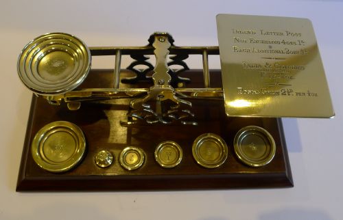 Large Antique English Mahogany & Brass Postal Scale - Sampson Mordan C.1900