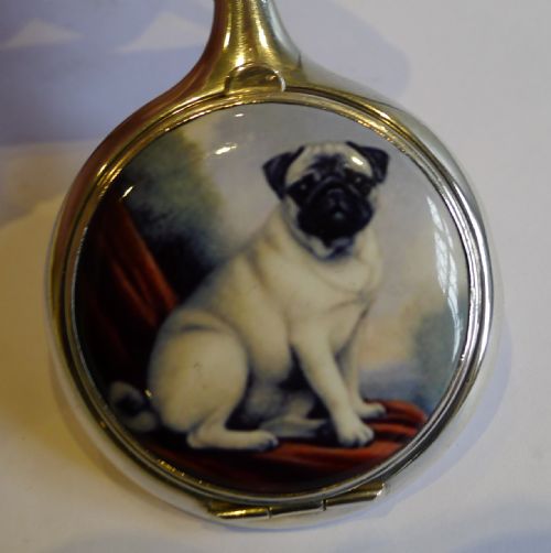 Figural English Sterling Silver & Enamel Compact - Dog - Pug