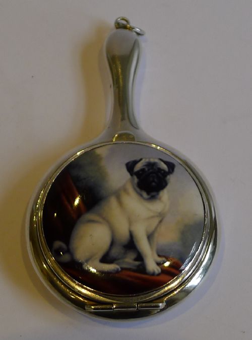 fig 1. Figural English Sterling Silver & Enamel Compact - Dog - Pug