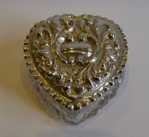 Antique English Cut Glass & Sterling Silver Heart Box - Birmingham 1903