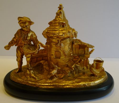 Antique Austrian Gilded Cast Bronze Figural Inkwell C.1880
