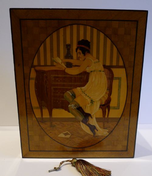 Rare & Magnificent English Antique Mahogany Inlaid & Painted Box - Risque French Lady C.1910