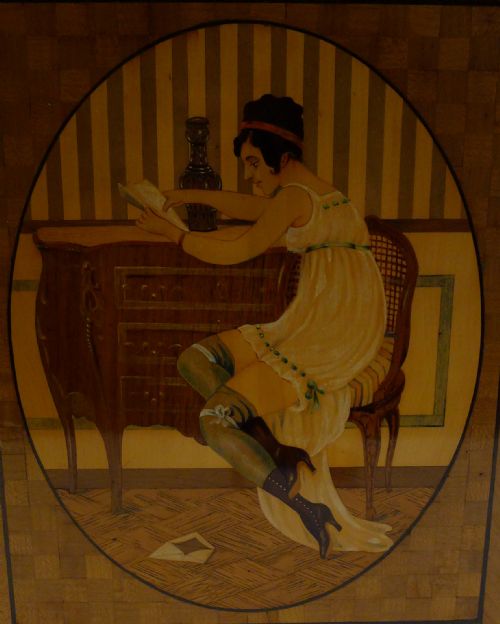 fig 1. Rare & Magnificent English Antique Mahogany Inlaid & Painted Box - Risque French Lady c.1910