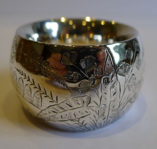fig 1. Top Quality Antique English Fern Engraved Sterling Silver Napkin Ring - 1899