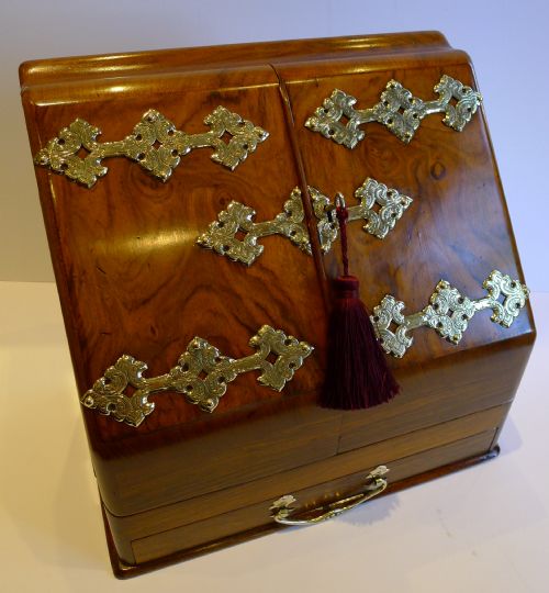 Antique English Brass Mounted Walnut Stationery Cabinet / Writing Box C.1890