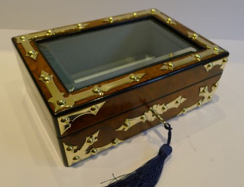 Brass Mounted Burl Walnut Jewellery Box C.1860 - Glazed Lid