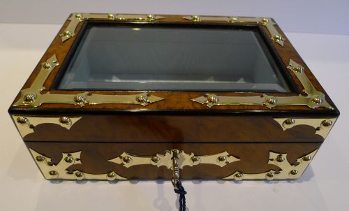 fig 1. Brass Mounted Burl Walnut Jewellery Box c.1860 - Glazed Lid