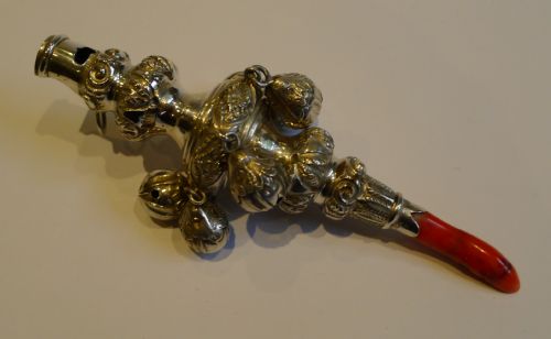 Large Antique English Sterling Silver and Coral Baby's Rattle & Whistle