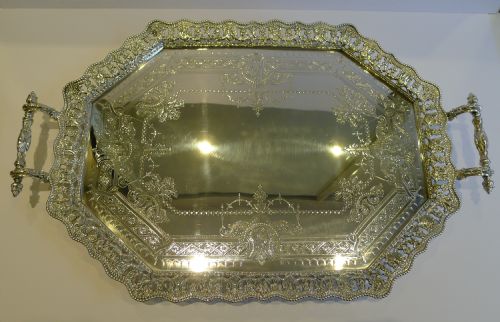 Magnificent Antique English Silver Plated Serving Tray by Martin Hall C.1860