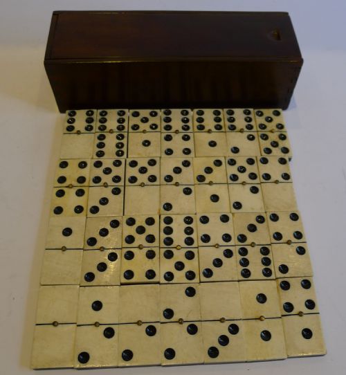 Antique English Boxed Set Bone & Ebony Wood Dominoes C.1890