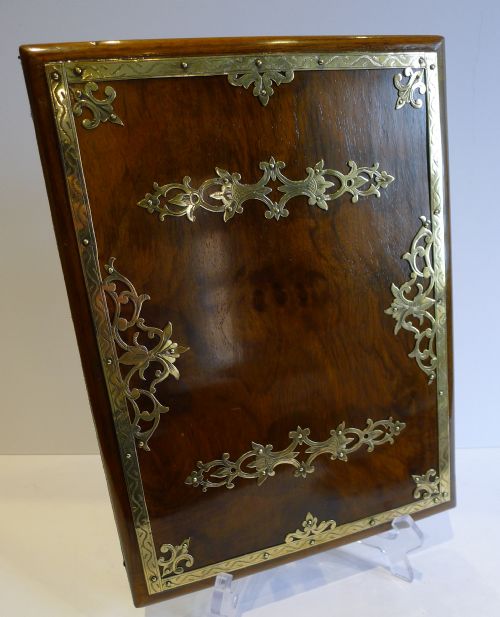Antique English Brass Mounted Walnut Desk Portfolio / Blotter C.1860