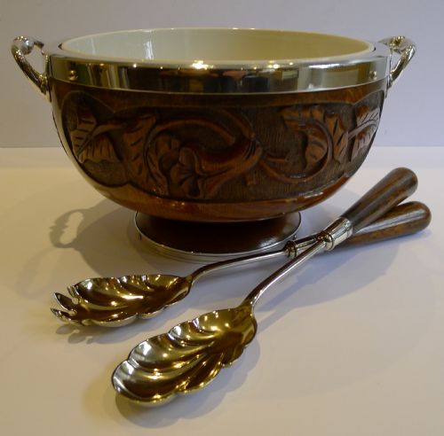 Antique English Carved Oak & Silver Salad Set - Edwardian
