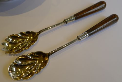 fig 1. Antique English Carved Oak & Silver Salad Set - Edwardian
