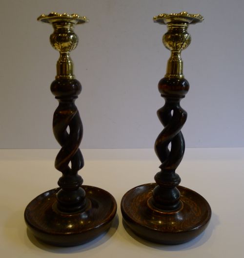 Pair Antique English 10" Oak Open Barley Twist Candlesticks - Brass Thistle Tops
