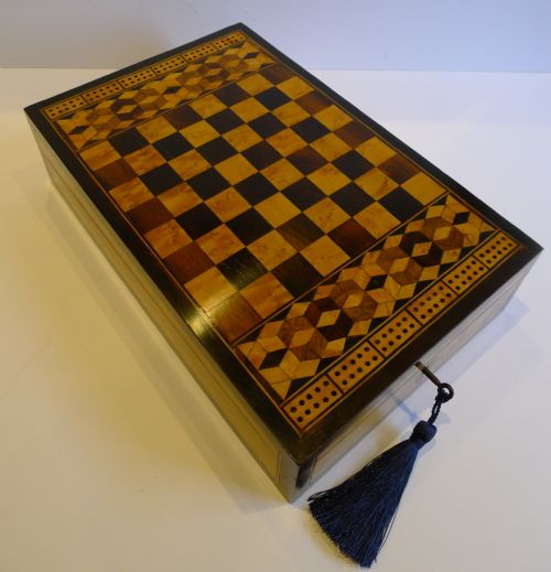 Rare Antique English Tunbridge Ware Games Box / Chess / Table Bagatelle C.1860