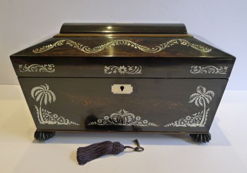 Antique English Mother of Pearl Macassar Ebony Inlaid Tea Caddy C.1830