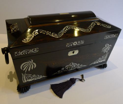fig 1. Antique English Mother of Pearl Macassar Ebony Inlaid Tea Caddy c.1830