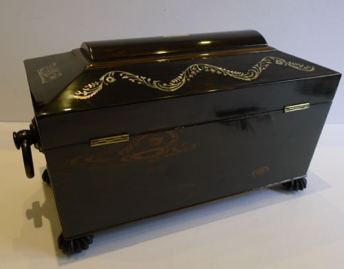 fig 2. Antique English Mother of Pearl Macassar Ebony Inlaid Tea Caddy c.1830