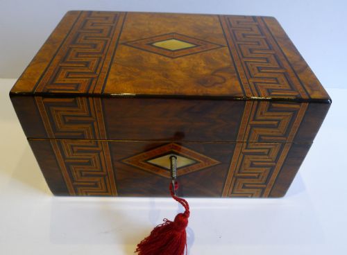 fig 1. Antique Burr Walnut Jewelry or Table Box - Tunbridge Inlaid c.1850