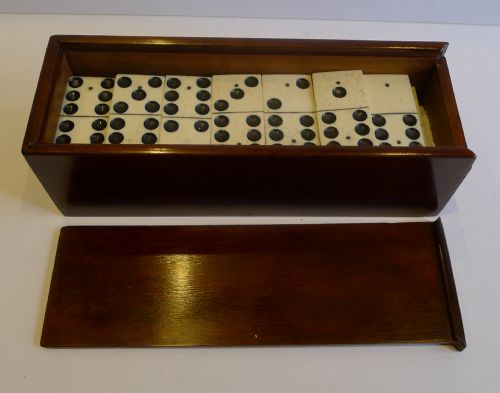 Antique English Boxed Set Bone & Ebony Wood Dominoes C.1890