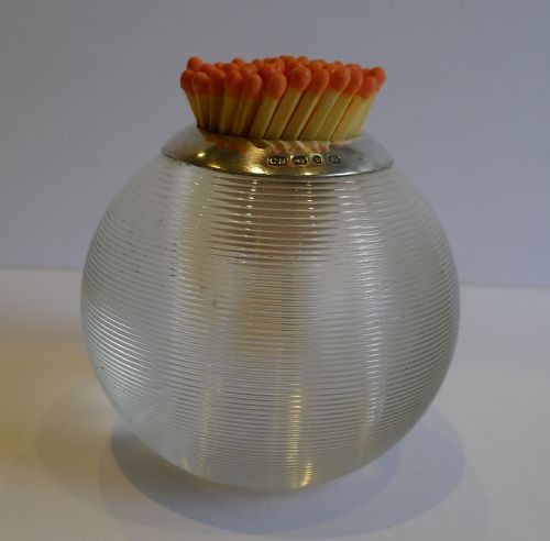 Antique English Threaded Glass Match Strike / Table Vesta - Sterling Silver 1895