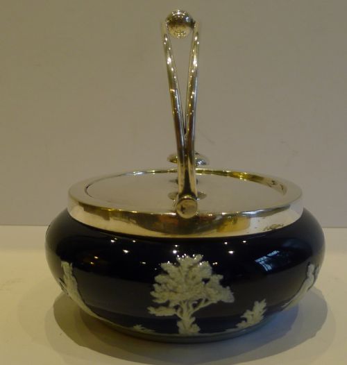 fig 1. Antique English Copeland Cobalt Blue Butter Dish With White Relief c.1890