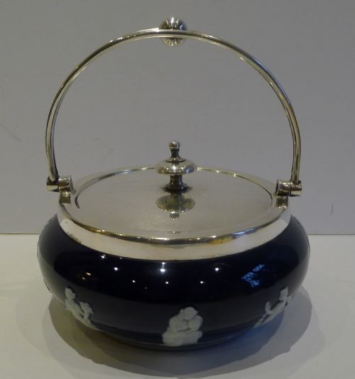 Antique English Copeland Cobalt Blue Butter Dish with White Relief C.1890
