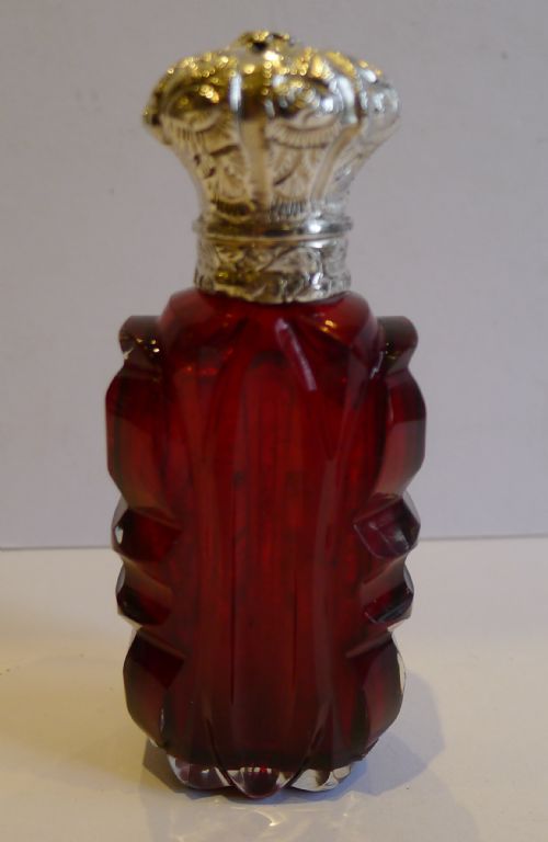 Antique English Ruby Red Cut Perfume Bottle - Sterling Silver Top C.1880