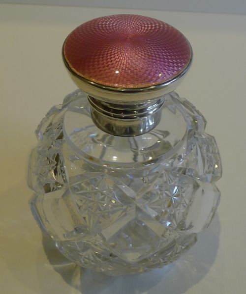 Fabulous Large English Cut Crystal, Sterling & Guilloche Enamel Perfume Bottle