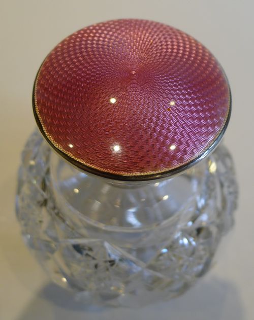 fig 1. Fabulous Large English Cut Crystal, Sterling & Guilloche Enamel Perfume Bottle