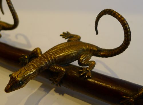 Unusual Antique English Cherry Wood & Bronze / Brass Lizard Hooks C.1880