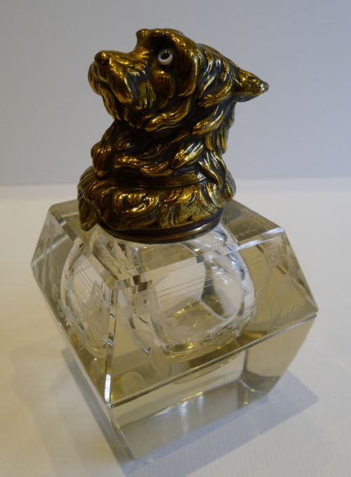 Handsome Engraved Crystal & Brass Figural Inkwell - Dog C.1880