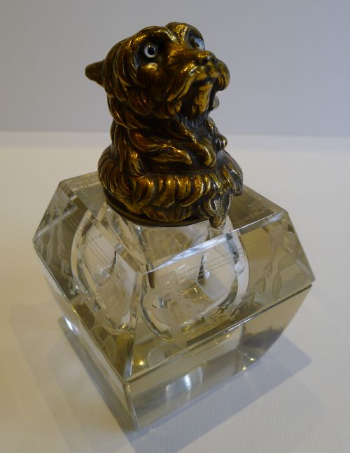 fig 1. Handsome Engraved Crystal & Brass Figural Inkwell - Dog c.1880