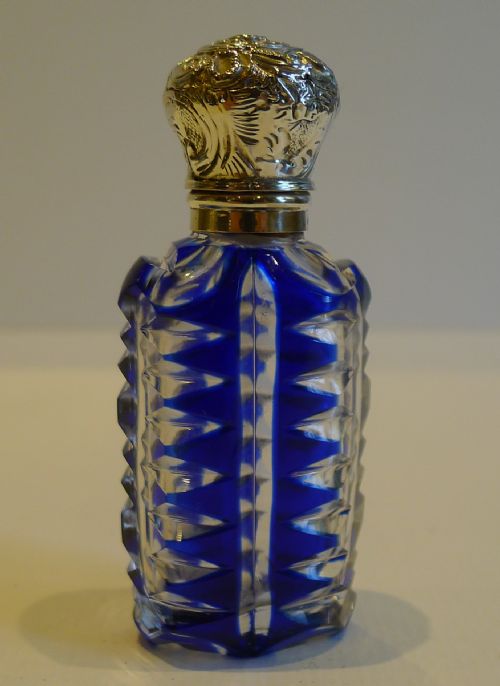 Antique English Cobalt Blue Overlay Glass Perfume Bottle - Sterling Silver C.1890