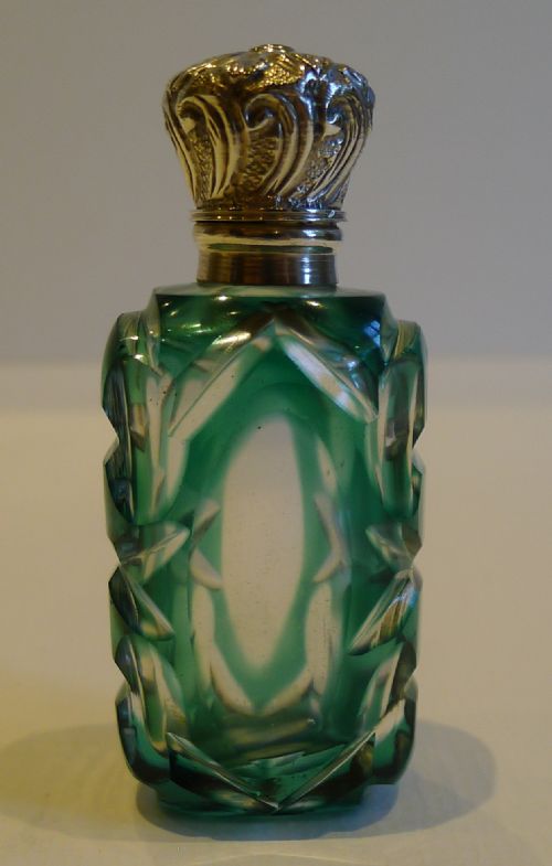 Antique English Green Overlay Glass Perfume Bottle - Sterling Silver C.1890
