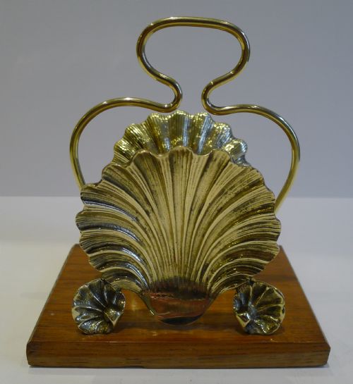fig 1. Exquisite Antique English Oak & Brass Letter Rack - Shells - Signed