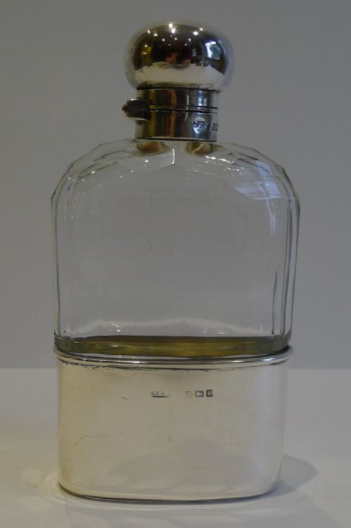 Handsome Antique English Glass & Sterling Silver Hip / Liquor Flask