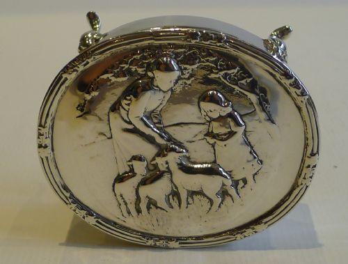 Antique English Sterling Silver Jewelry / Trinket Box - Mother & Child Feeding Lambs