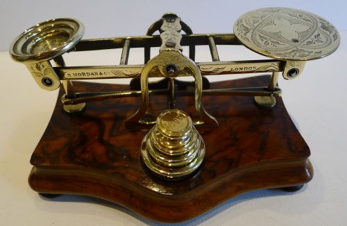 Top Notch Burl Walnut & Engraved Brass Postage Scale by Samson Mordan C.1880