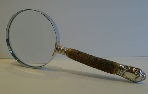 Large Antique English Antler Horn & Sterling Silver Magnifying Glass