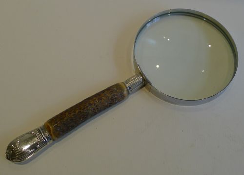 fig 1. Large Antique English Antler Horn & Sterling Silver Magnifying Glass