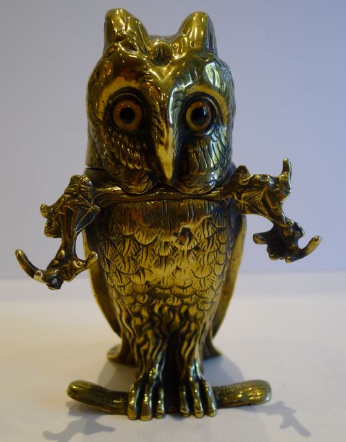 Fabulous Antique English Figural Inkwell - Cast Brass Owl with Glass Eyes