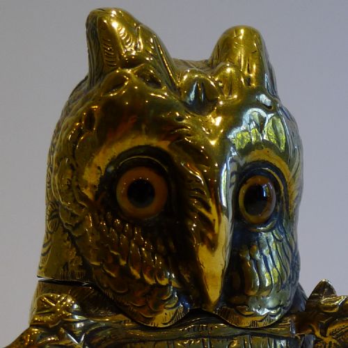 fig 1. Fabulous Antique English Figural Inkwell - Cast Brass Owl With Glass Eyes