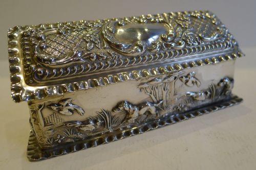 Antique English Sterling Silver Ring Box for 5 Rings - Dogs / Hunting - 1903