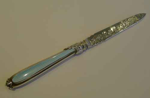Antique English Sterling Silver & Blue Guilloche Enamel Letter Opener